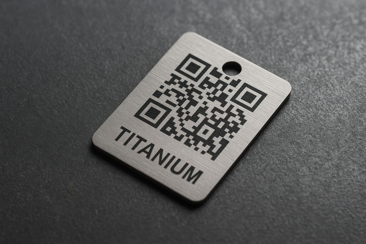 Titanium QR tag with dark industrial background